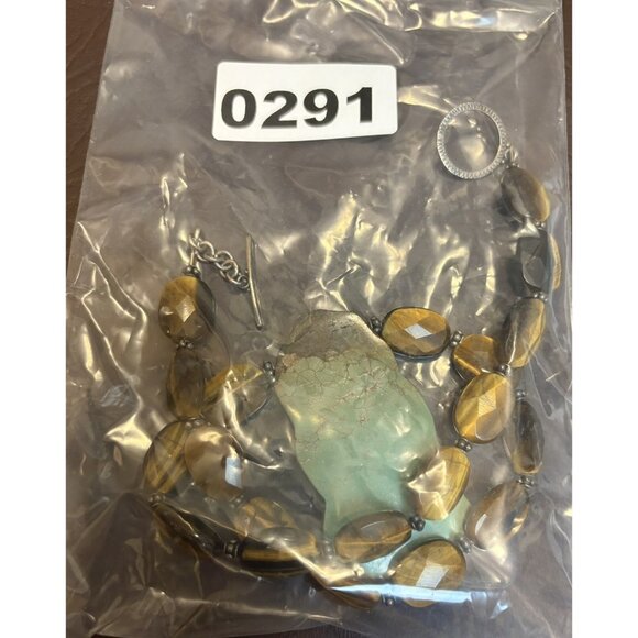 VINTAGE 925 Sterling Silver Tiger’s Eye Bead Turquoise Slice Chunky Necklace - Picture 10 of 10